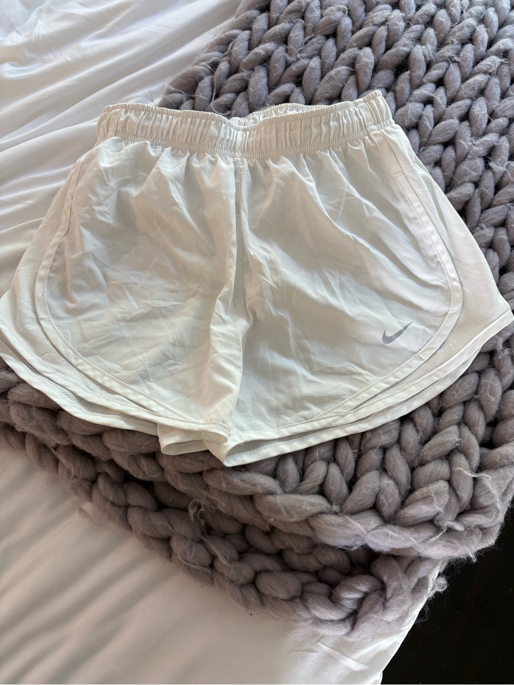 Nike White Women's Athletic Running Shorts with Grey Swoosh